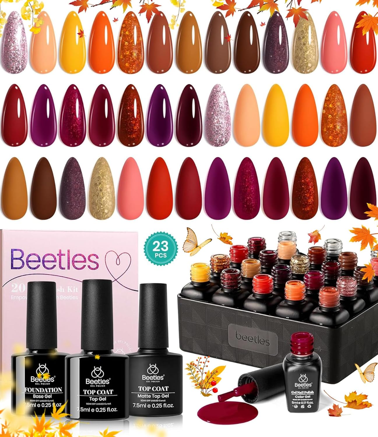 Beetles 23Pcs Fall Gel Nail Polish Kit Winter 20 Colors with Base Gel Top Coat Orange Brown Burgundy Red Yellow Gel Polish Set Soak off Uv Golden Glitter Holiday Nail Art Gift for Girls