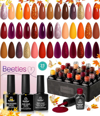 Beetles 23Pcs Fall Gel Nail Polish Kit Winter 20 Colors with Base Gel Top Coat Orange Brown Burgundy Red Yellow Gel Polish Set Soak off Uv Golden Glitter Holiday Nail Art Gift for Girls