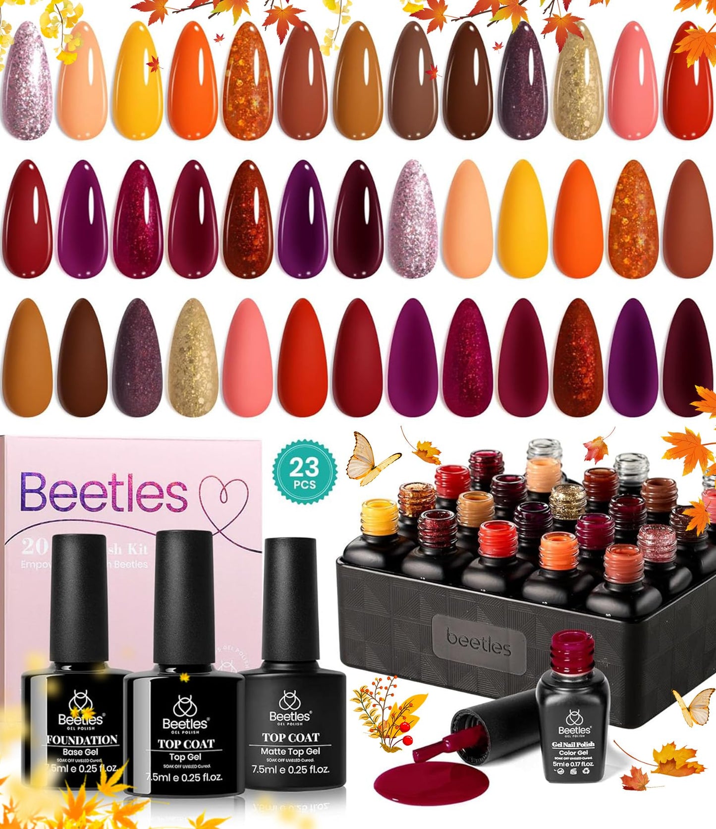 Beetles 23Pcs Fall Gel Nail Polish Kit Winter 20 Colors with Base Gel Top Coat Orange Brown Burgundy Red Yellow Gel Polish Set Soak off Uv Golden Glitter Holiday Nail Art Gift for Girls