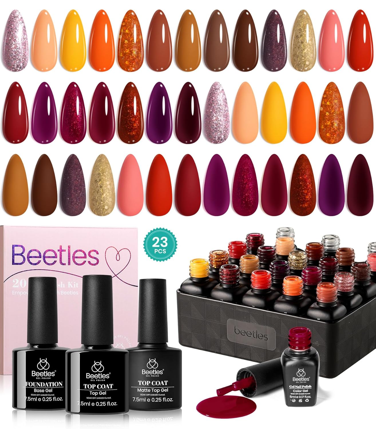 Beetles 23Pcs Fall Gel Nail Polish Kit Winter 20 Colors with Base Gel Top Coat Orange Brown Burgundy Red Yellow Gel Polish Set Soak off Uv Golden Glitter Holiday Nail Art Gift for Girls