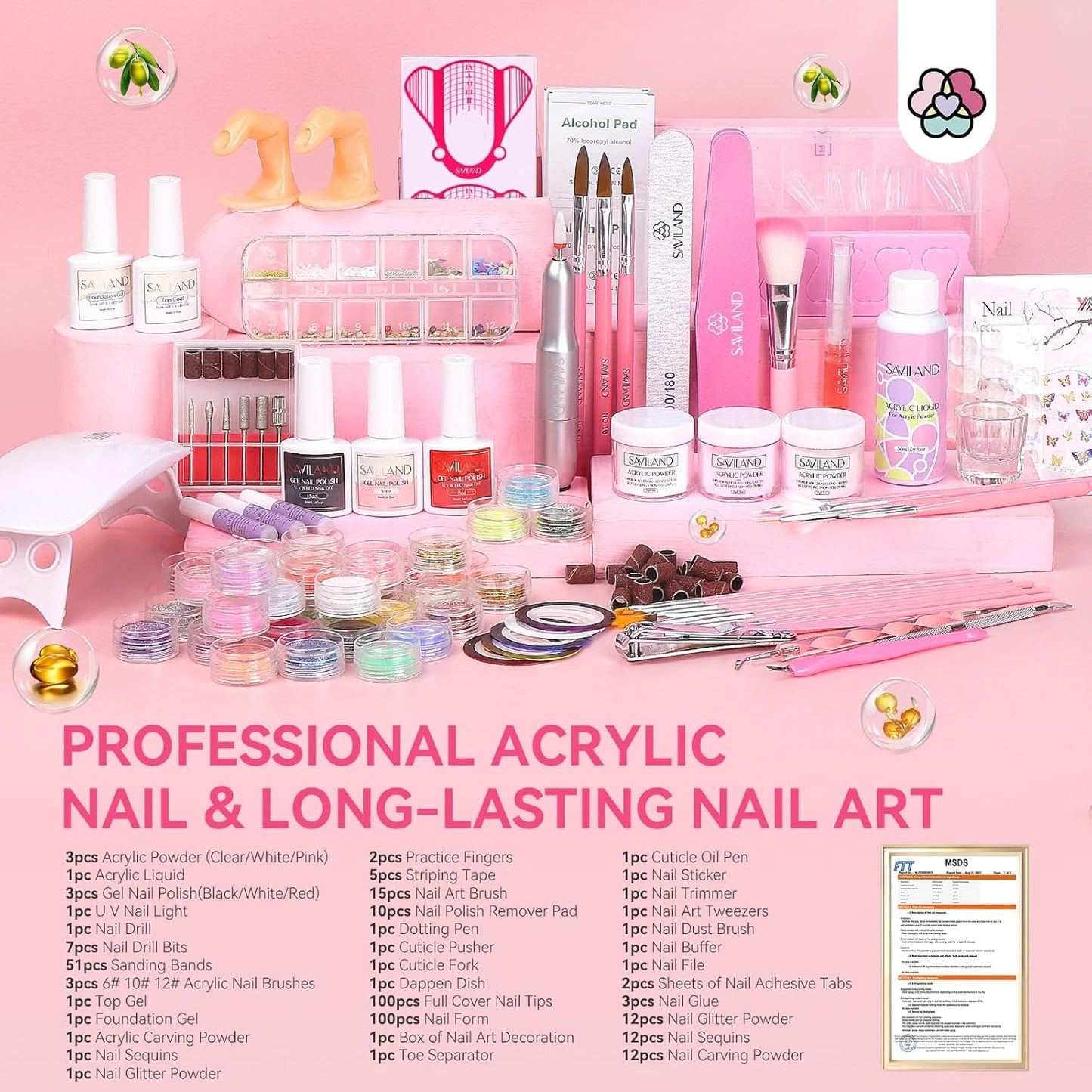 SAVILAND Acrylic Nail Kit with Drill: Professional Nail Kit Acrylic Set for Beginners with Everything Acrylic Powder Gel Nail Polish Nail Decoration U V Nail Light Gift Home Salon