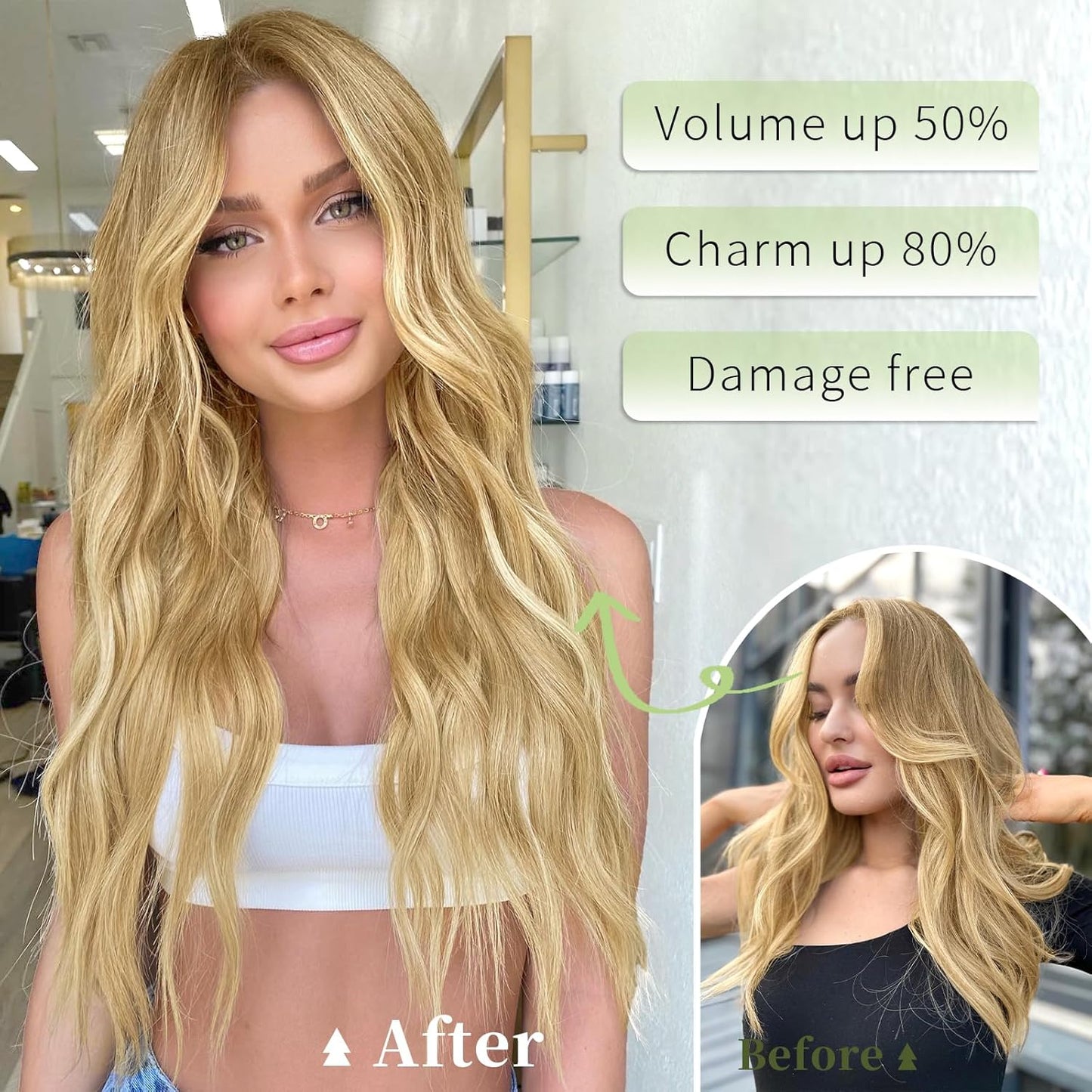 Invisible Wire Hair Extensions with Transparent Wire Adjustable Size Long Wavy Synthetic Hairpiece Golden Blonde 20 Inch with 4 Secure Clips for Women