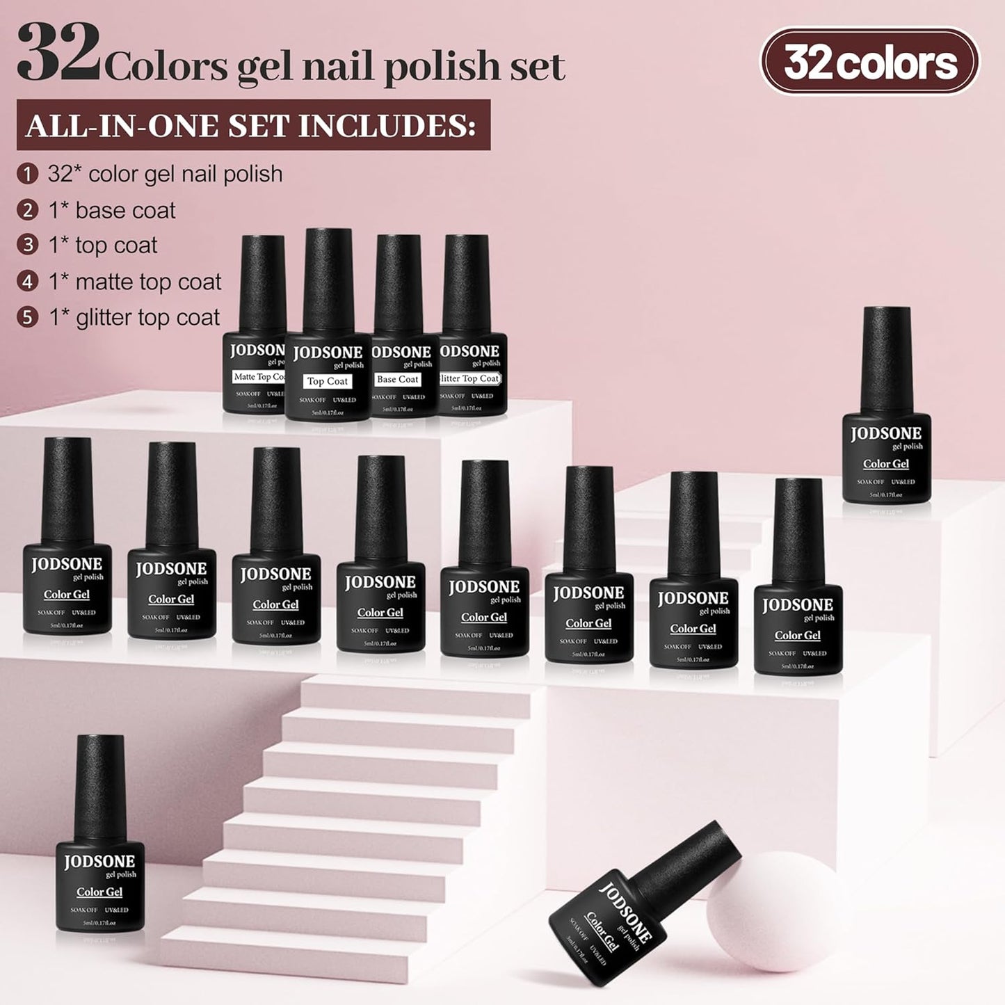 JODSONE 36 PCS Gel Nail Polish Set-32 Colors Gel Polish Kit Base Coat Glossy Matte and Glitter Top Coat Nail Polish Set Green Blue Red Pink Collection Gifts for Women