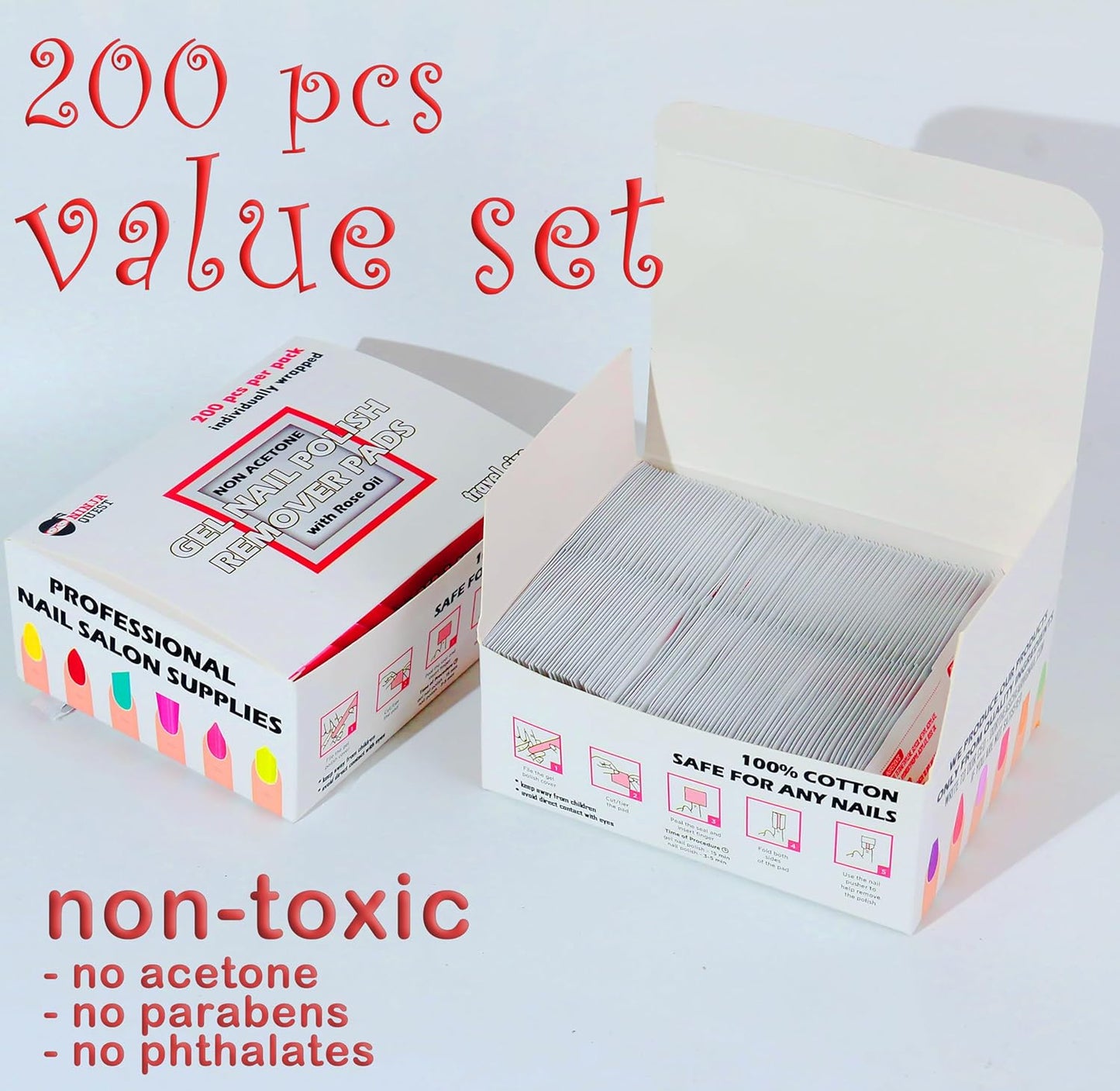 Nail Polish Remover Pads Individually Wrapped 200 Pack Bulk Set - 100% Non Acetone Gel Nail Polish Remover Wipes - Fingernail Travel Kit to Clear Nail Polish for Home & Professional Removal