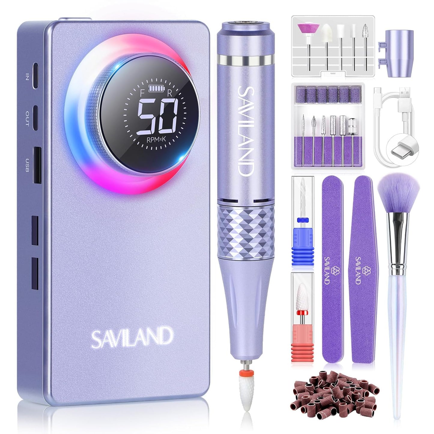 SAVILAND 50000RPM Nail Drill for Acrylic: 2024 Pro High Tech Fast Removal Electric Nails Drill Kit 6000mAh Rechargeable Machine Professional Drill Bit Nail File Buffer Tools Salon Manicure Pedicure