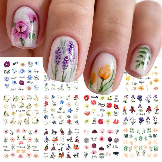 JMEOWIO 12 Sheets Flower Nail Art Stickers Decals Self-Adhesive Pegatinas Uñas Spring Summer Colorful Floral Leaves Nail Supplies Nail Art Design Decoration Accessories