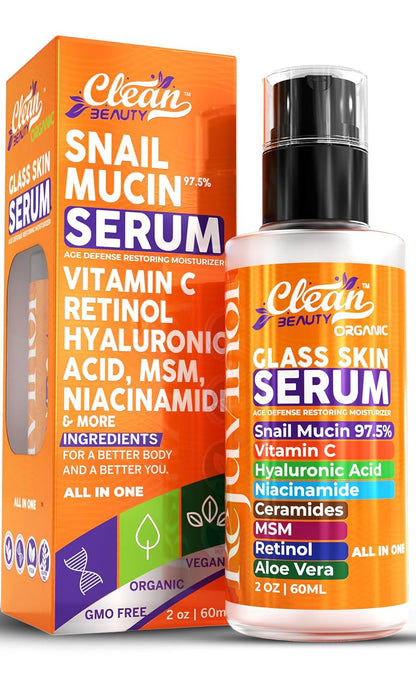 Snail Mucin Serum Vitamin C Face Serum Anti Aging with Hyaluronic Acid, Niacinamide, Retinol, MSM, Aloe Vera & Ceramides - Korean Skin Care Glass Skin Dark Spot Remover for Glowing Skin & Beauty