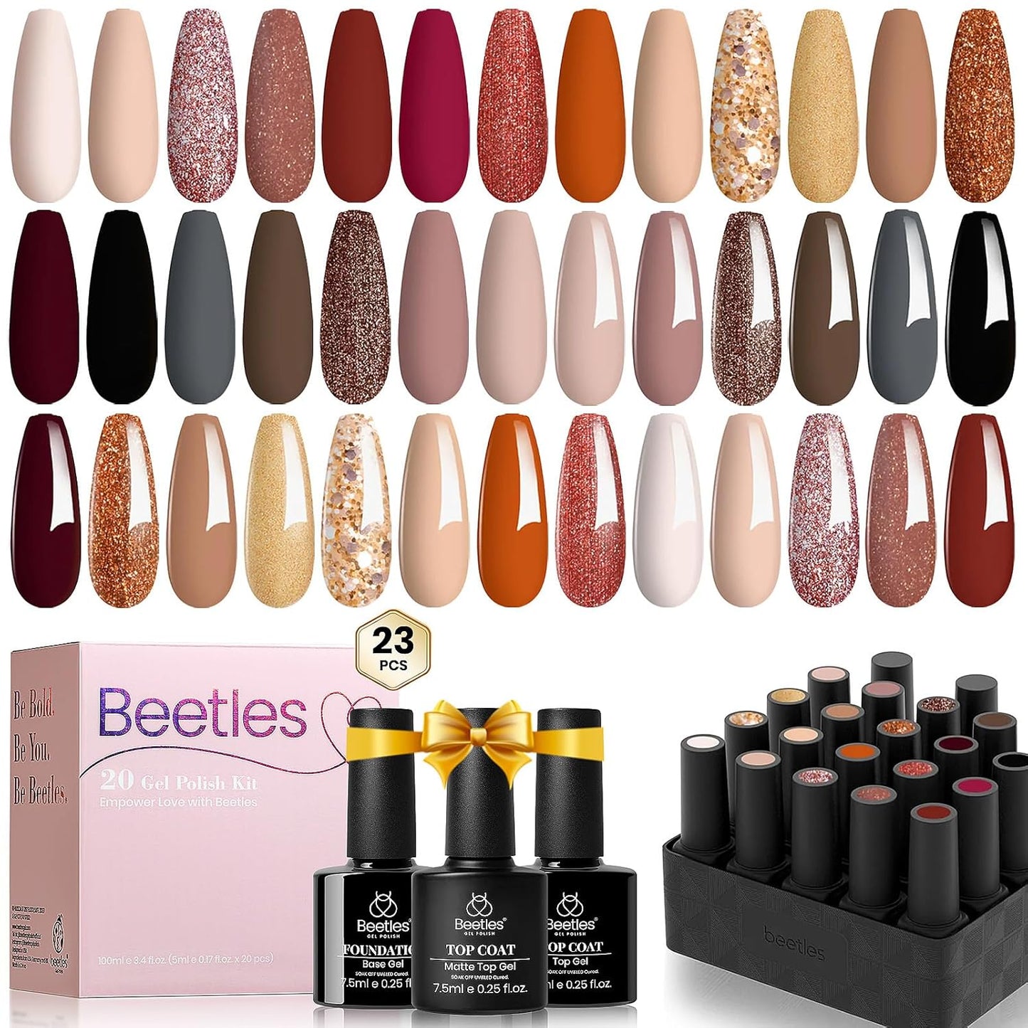 Beetles 23Pcs Gel Nail Polish Kit, 20 Fall Colors Nude Pink Brown Burgundy Red Gel Polish Set with Base Top Coat Verse of Roses Kit, Soak off Uv Golden Glitter Holiday Nail Gel