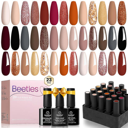 Beetles 23Pcs Gel Nail Polish Kit, 20 Fall Colors Nude Pink Brown Burgundy Red Gel Polish Set with Base Top Coat Verse of Roses Kit, Soak off Uv Golden Glitter Holiday Nail Gel