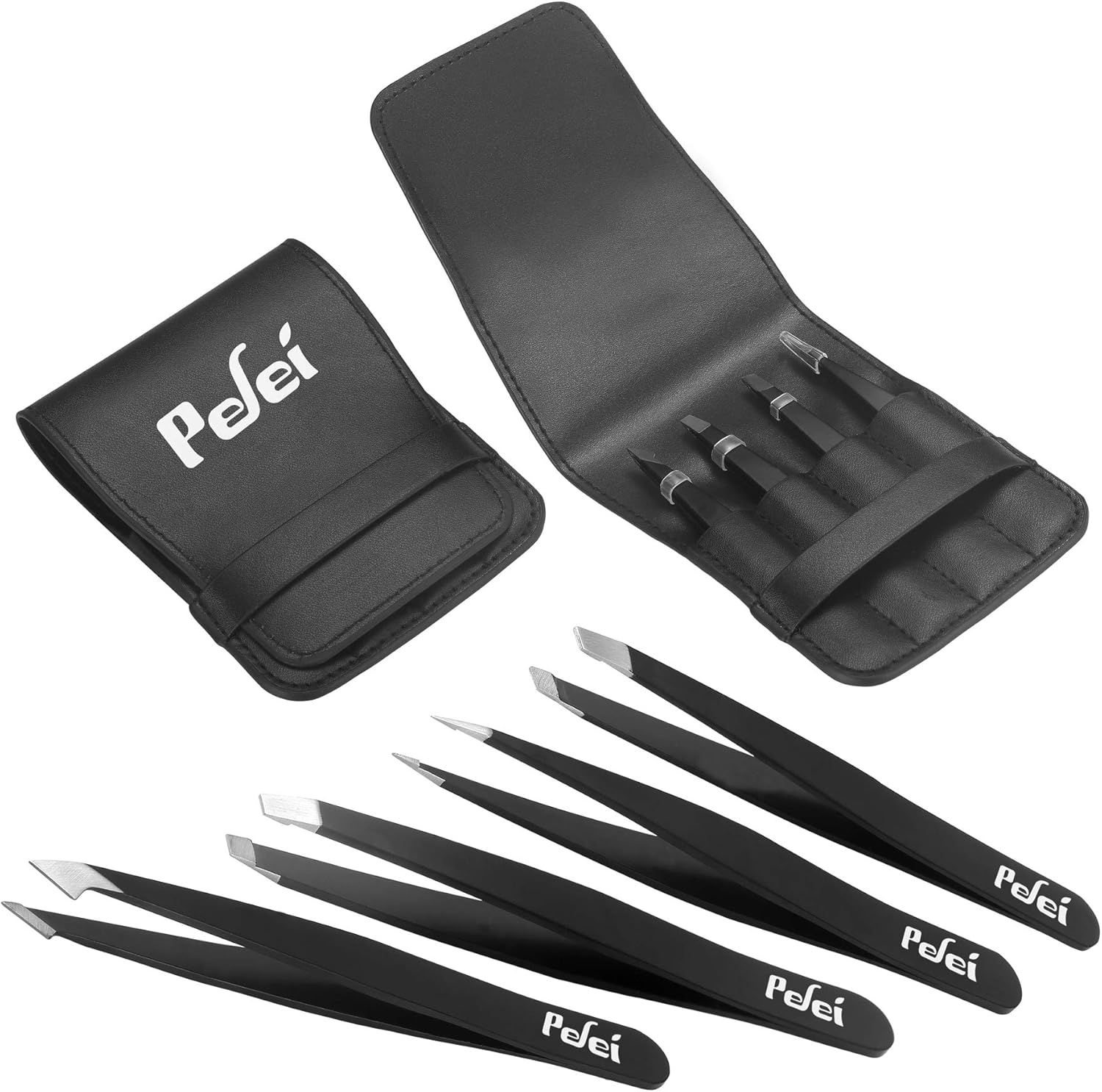 Tweezers Set - Professional Stainless Steel Tweezers for Eyebrows - Great Precision for Facial Hair, Splinter and Ingrown Hair Removal (Black)