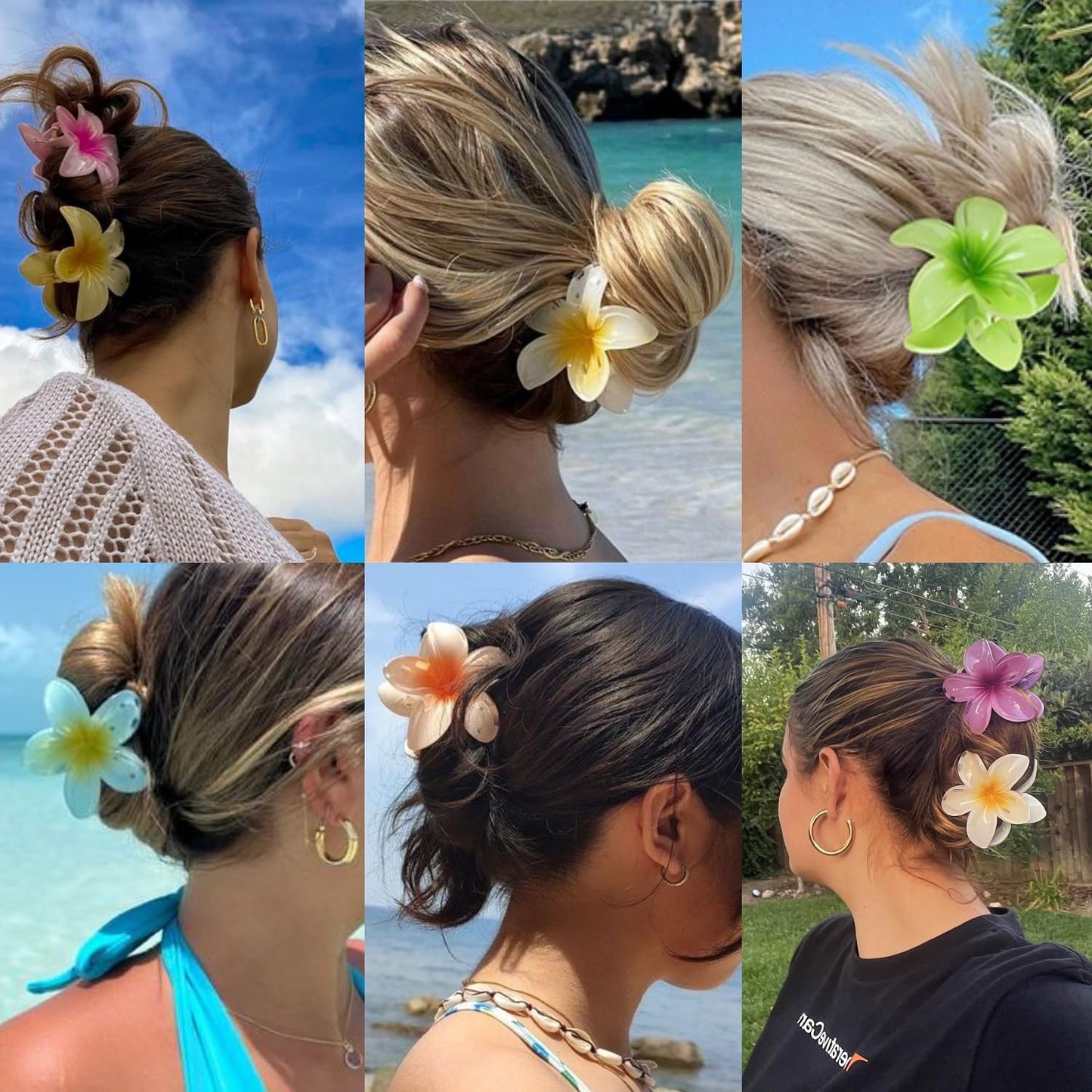 Hawaiian Plumeria Hair Accessories - 6 Pack Large Claw Clips for Thick and Thin Hair, Beach Tropical Hair Clips for Women and Girls