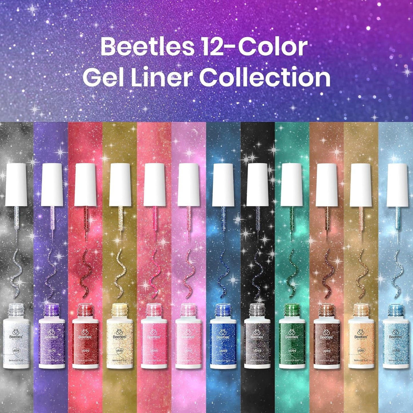 beetles Nail Art Gel Liner Polish 12 Colors Reflective Glitter Gel Nail Polish, Gold Silver Pink Blue Purple Brown Black Gel Kit Soak Off Uv Nail Art Design Set, DIY Spring Manicure Gifts for Women