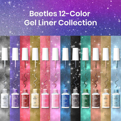 beetles Nail Art Gel Liner Polish 12 Colors Reflective Glitter Gel Nail Polish, Gold Silver Pink Blue Purple Brown Black Gel Kit Soak Off Uv Nail Art Design Set, DIY Spring Manicure Gifts for Women