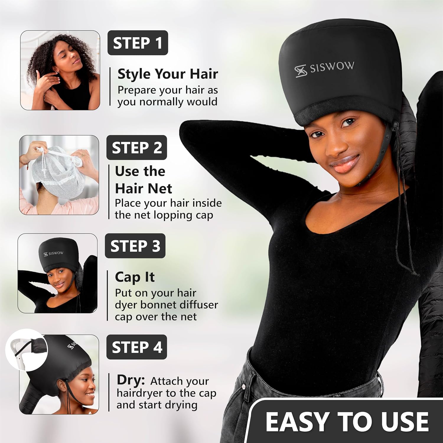 Net Plopping Cap for Drying Curly Hair - Hair Dryer Bonnet Diffuser Cap for Curly, Speeds up Drying Time, Safety Deep Conditioning at Home - Portable, Adjustable