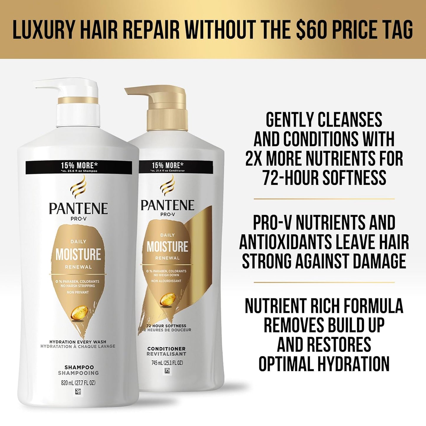 Shampoo and Conditioner Set with Hair Treatment - Pro-V Nutrients for Dry, Color-Treated Hair, Long-Lasting Nourishment & Hydration, Antioxidant-Rich, 27.7 Oz Each, 2 Pack