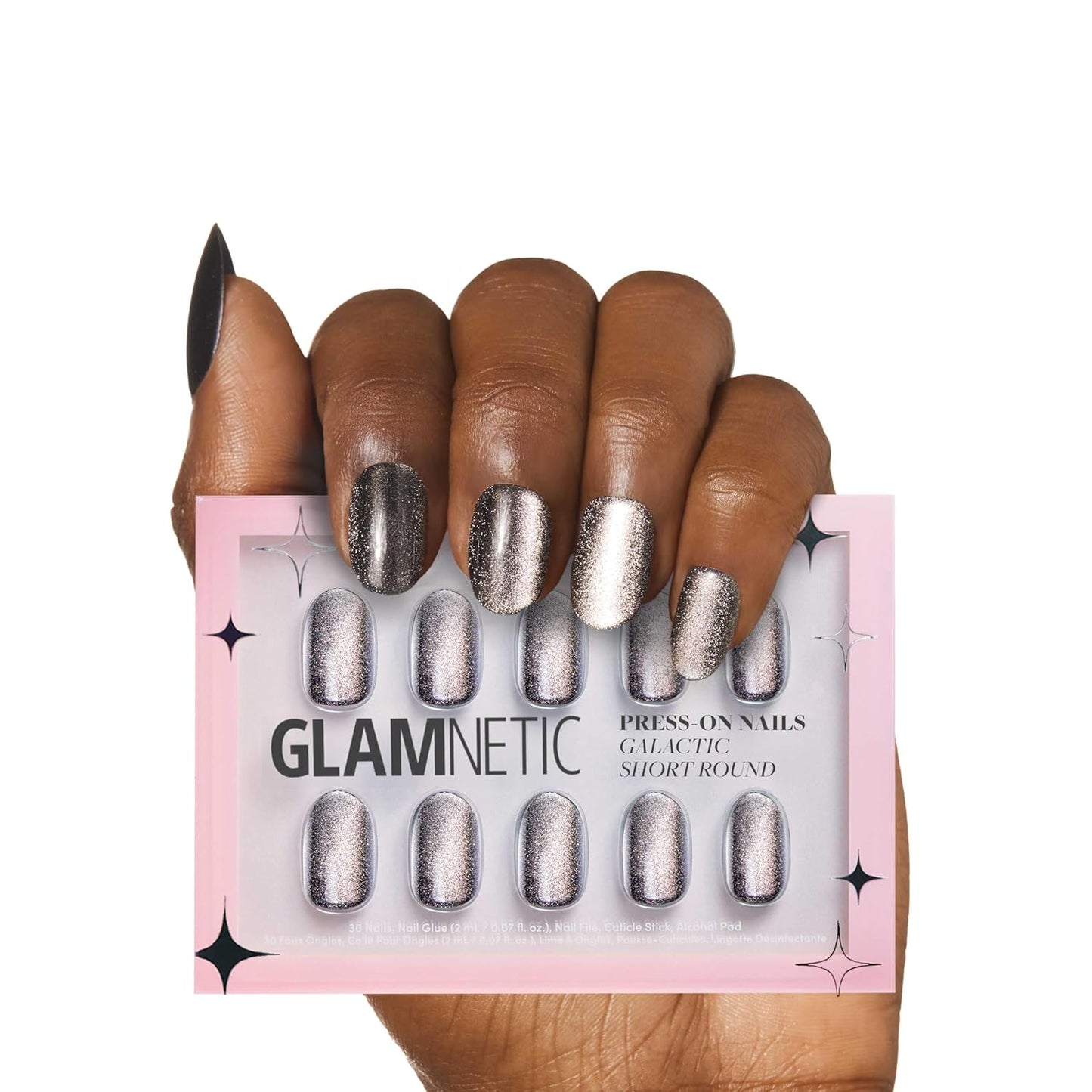 Press on Nails - Cosmic | Semi-Transparent Sparkly Black Short Squoval Fake Nails with a Glossy Finish, Reusable | 15 Sizes - 30 Nail Kit with Glue