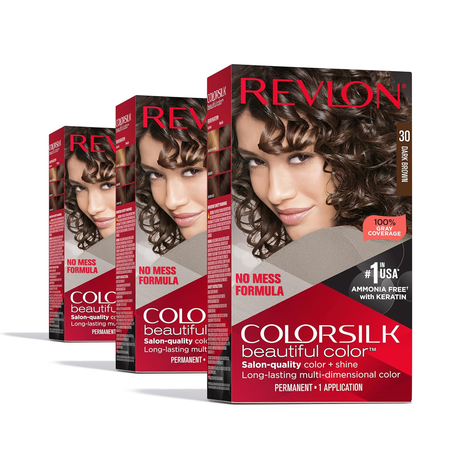 Colorsilk Beautiful Color Permanent Hair Color, Long-Lasting High-Definition Color, Shine & Silky Softness with 100% Gray Coverage, Ammonia Free, 30 Dark Brown, 3 Pack