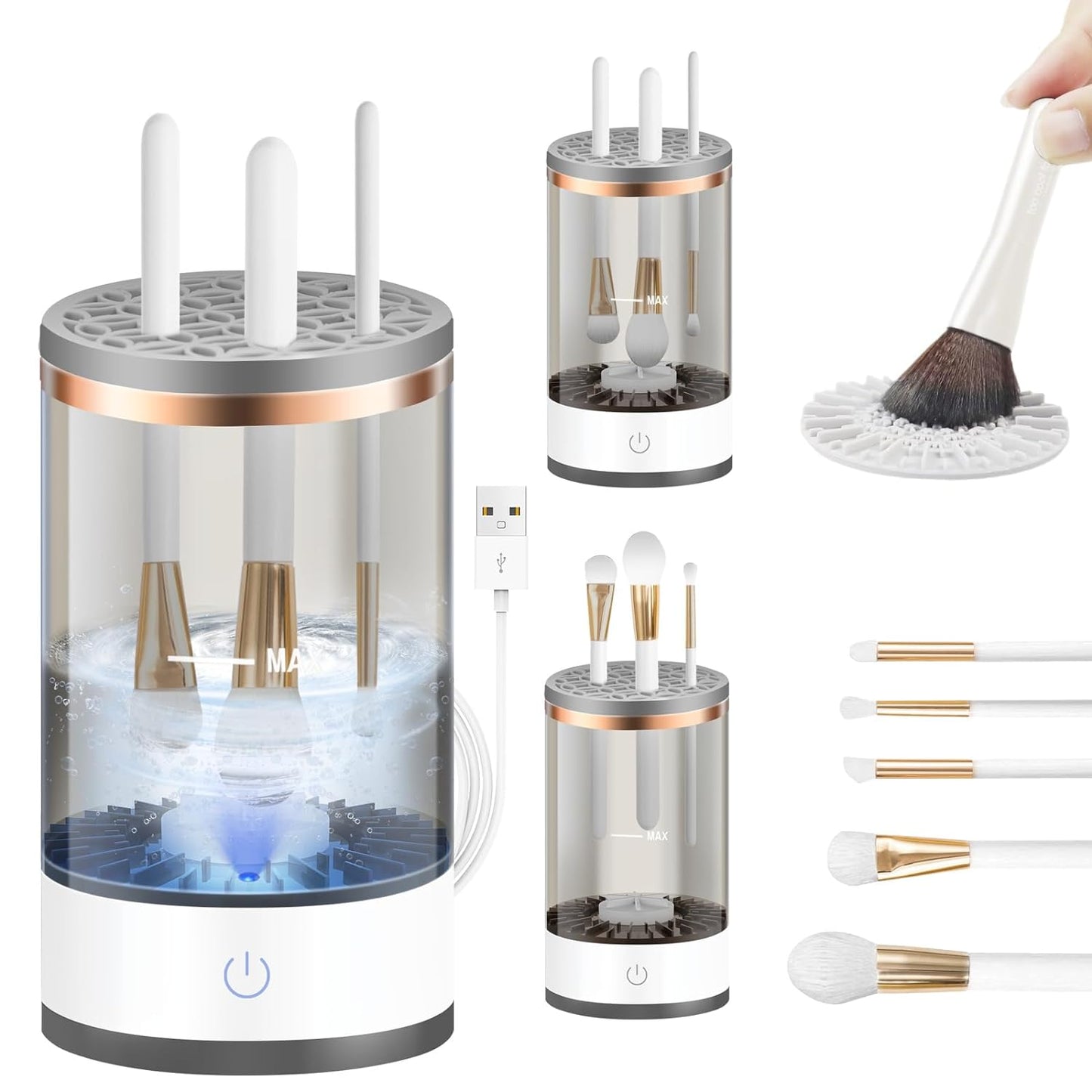 Efficient Electric Makeup Brush Cleaner Machine, Automatic Makeup Brush Cleaner for 3-4 Brushes at a Time, 7000 RPM Ensures Thorough Cleaning, Includes Silicone Pad for Irregularly Sized Brushes