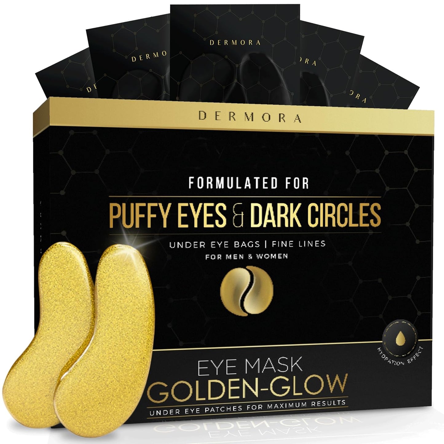 Golden Glow under Eye Patches (30 Pairs Eye Gels) - Rejuvenating Treatment for Dark Circles, Puffy Eyes, Refreshing, Revitalizing, Travel, Wrinkles