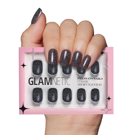 Press on Nails - Cosmic | Semi-Transparent Sparkly Black Short Squoval Fake Nails with a Glossy Finish, Reusable | 15 Sizes - 30 Nail Kit with Glue