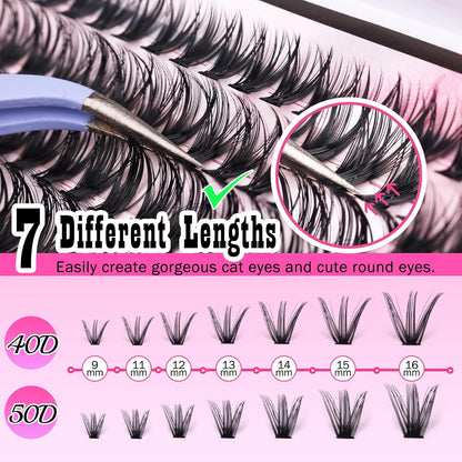 DIY Lash Extension Kit Volume Lash Clusters 40D+50D D Curl Individual Lashes Lash Clusters Kit Thick Eyelash Extension Kit 280 Pcs Thin Band Cluster Lashes Lash Bond and Seal Lash Tweezers