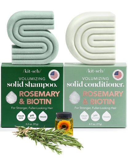 Rosemary & Biotin Bar Set for Thinning Hair - 2Pc Volume and Conditioner Bars for Hair Growth & Thickening, Paraben Free