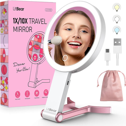 Travel Makeup Mirror with Lights, Rechargeable Double Sided 10X /1X Magnifying Mirror, Portable Lighted Beauty Mirror, 3 Color Lighting, Dimmable Touch Screen, Tabletop Handhold Hanging