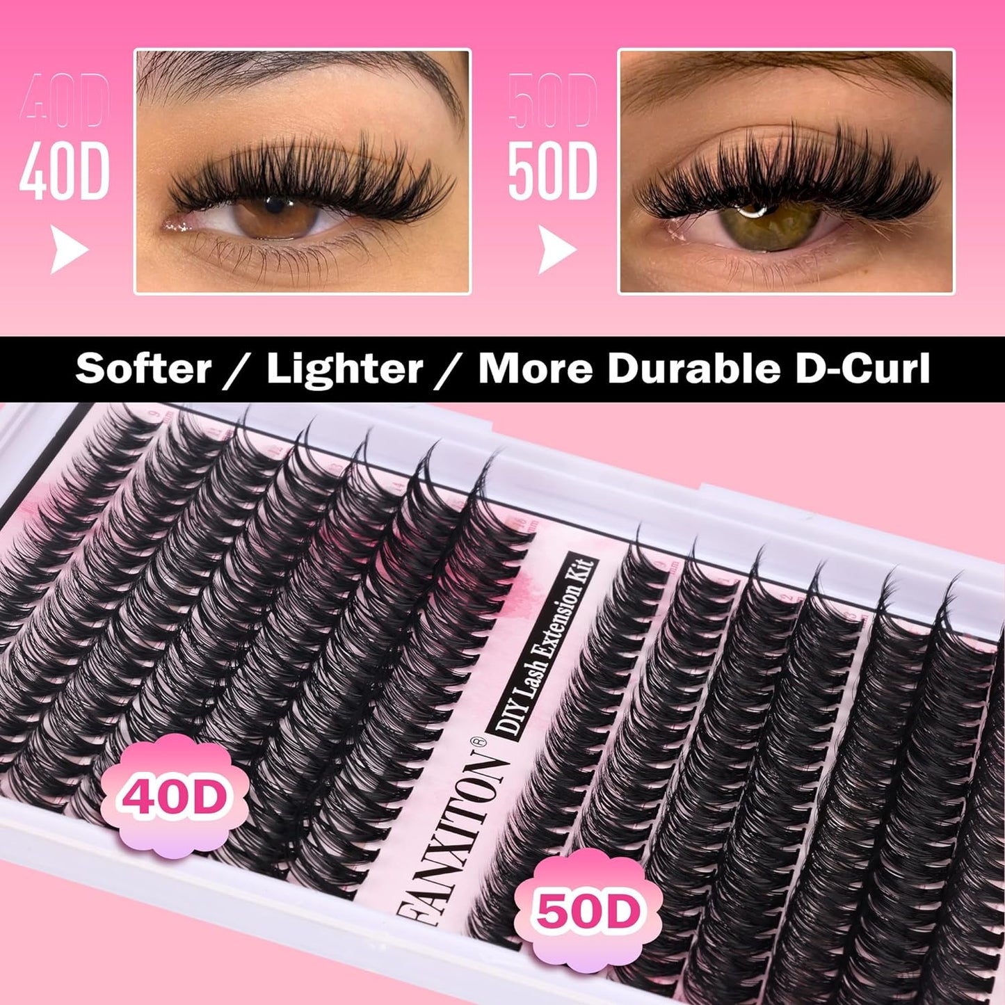 DIY Lash Extension Kit Volume Lash Clusters 40D+50D D Curl Individual Lashes Lash Clusters Kit Thick Eyelash Extension Kit 280 Pcs Thin Band Cluster Lashes Lash Bond and Seal Lash Tweezers