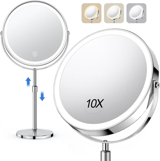 10X Large Lighted Makeup Mirror, Rechargeable 8" Height Adjustable Vanity Mirror, 1X/10X Magnifying Mirror with 3 Color, Brightness Adjustable, 360° Rotation Double Sided Mirror, Gift for Women