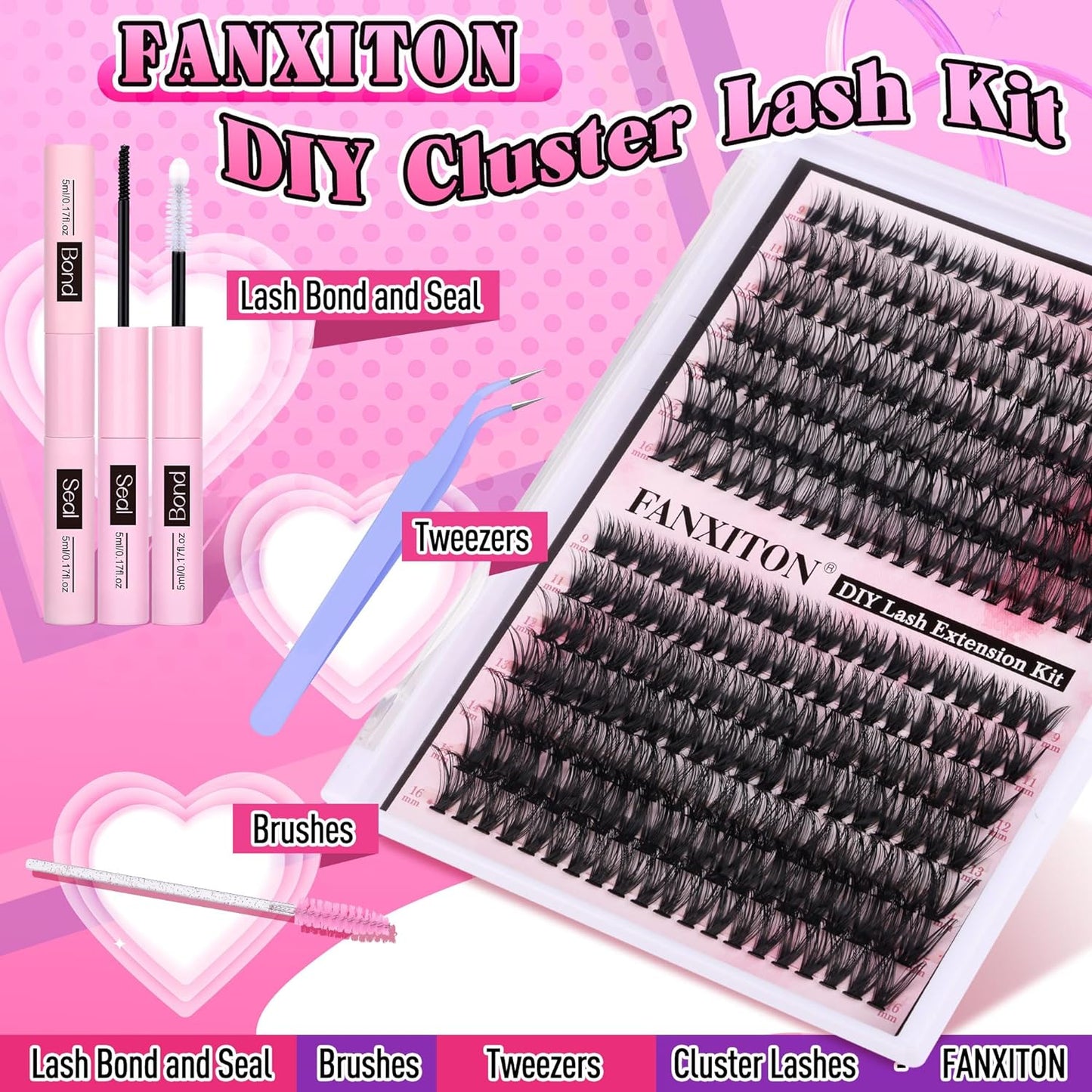 DIY Lash Extension Kit Volume Lash Clusters 40D+50D D Curl Individual Lashes Lash Clusters Kit Thick Eyelash Extension Kit 280 Pcs Thin Band Cluster Lashes Lash Bond and Seal Lash Tweezers