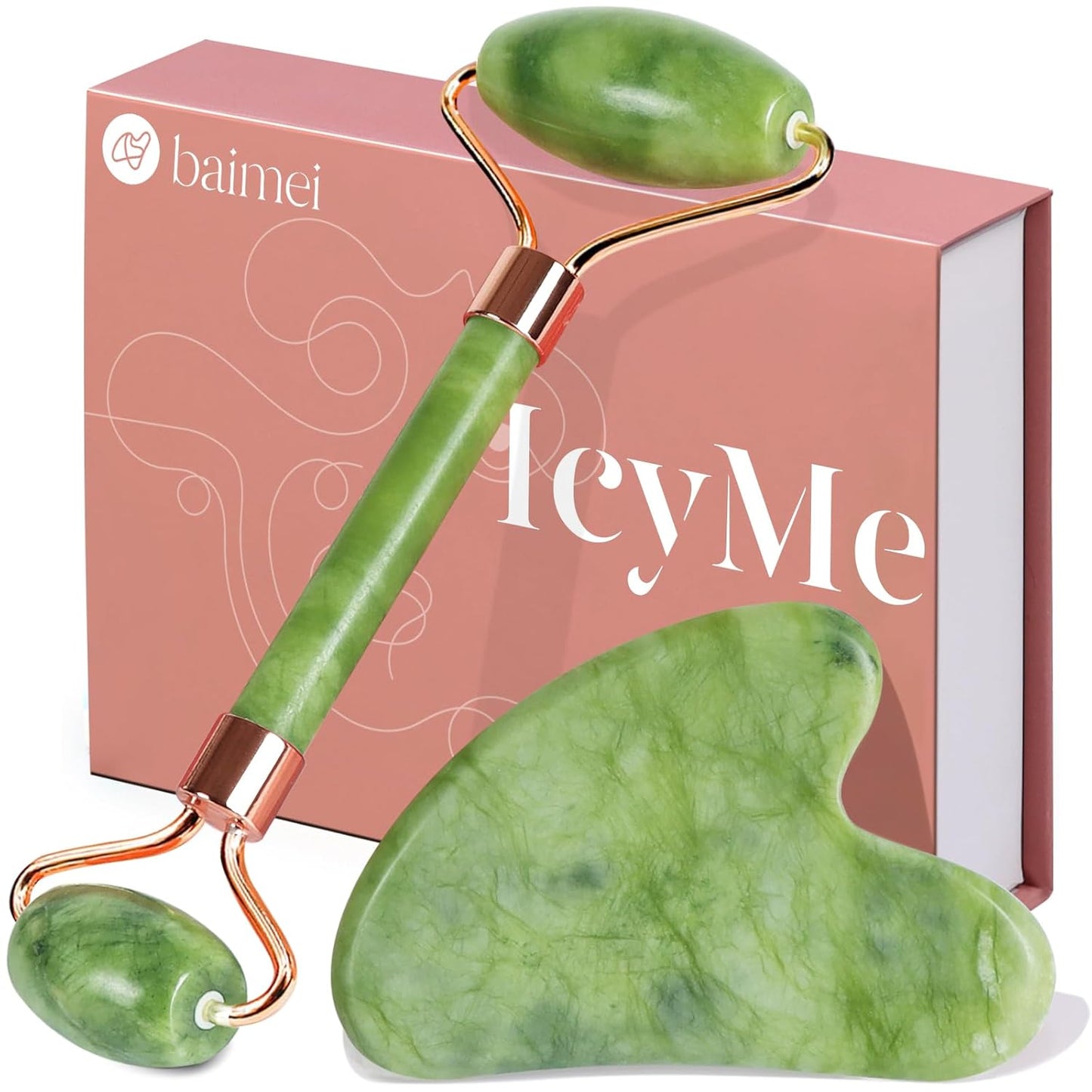 Icyme Gua Sha & Jade Roller Facial Tools Face Roller and Gua Sha Set for Puffiness and Redness Reducing Skin Care Routine, Self Care Gift for Men Women - Green