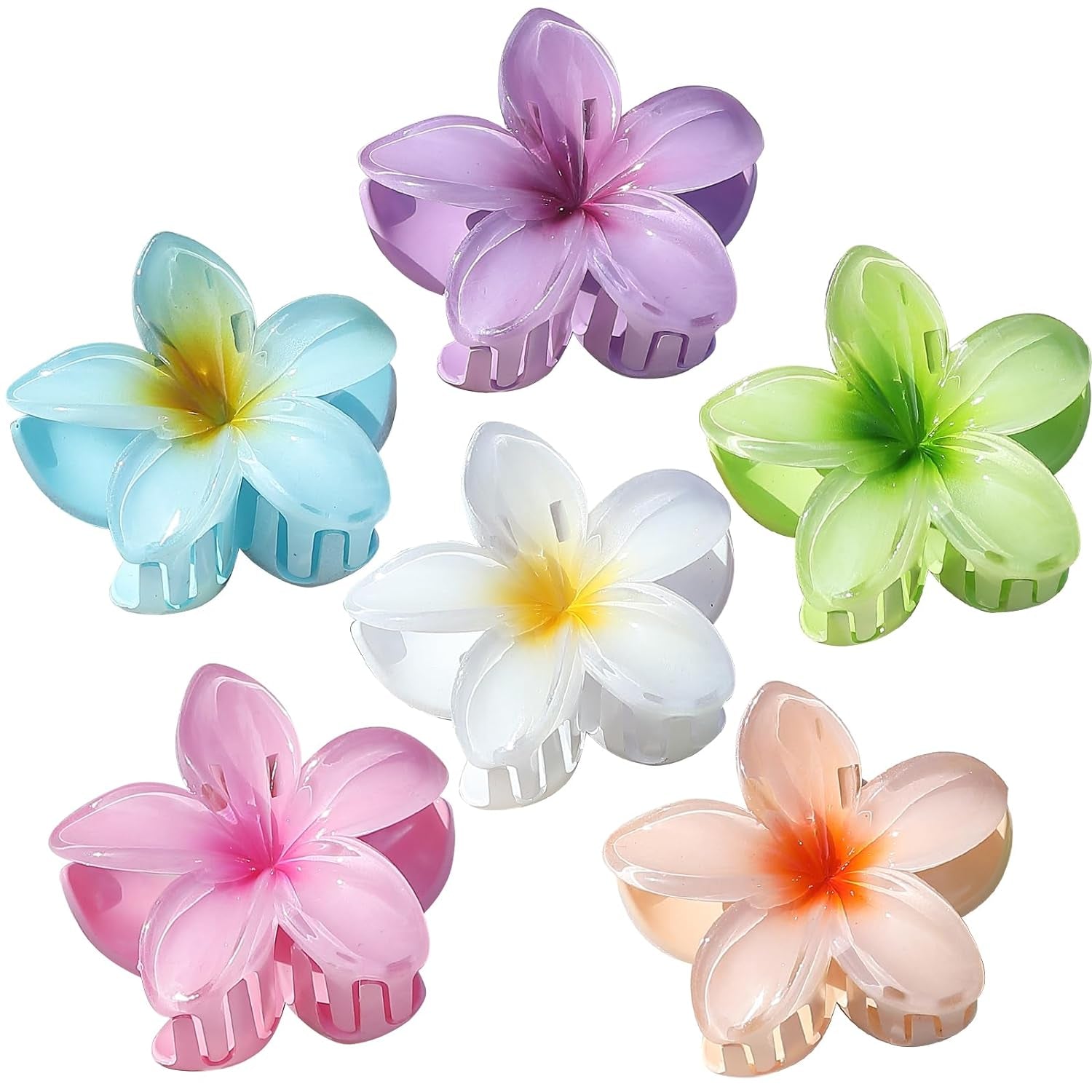 Hawaiian Plumeria Hair Accessories - 6 Pack Large Claw Clips for Thick and Thin Hair, Beach Tropical Hair Clips for Women and Girls